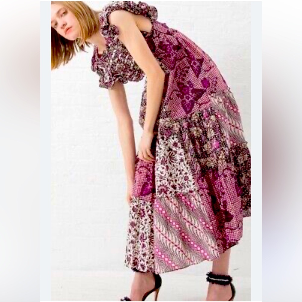 ULLA JOHNSON‎ Zoya Ruffle Tiered Floral Maxi Dress in Fuchsia Size 4